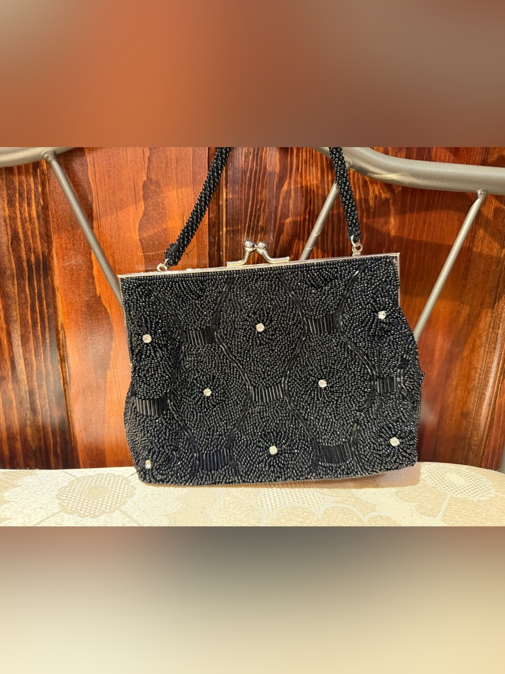 Black Beaded Evening Clutch with Pearl Accents